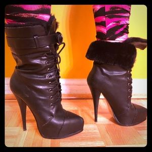 Leather black faux fur platform heel boots